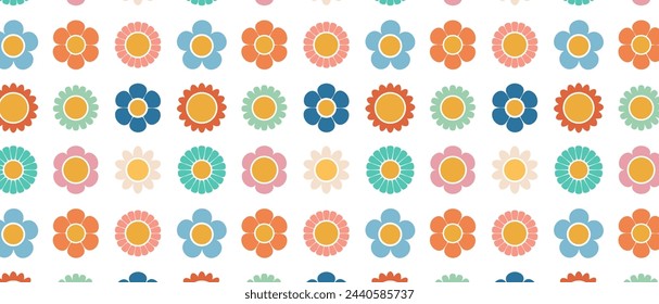 Seamless pattern with colorful flowers in flat style. Groovy daisies. Vector illustration