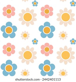 Seamless pattern with colorful flowers in flat style. Groovy daisies. Vector illustration