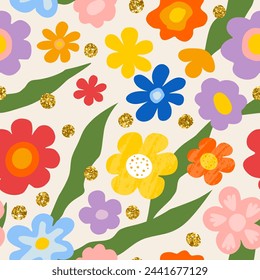 Patrón sin costuras con flores coloridas y lentejuelas de oro. Fondo adecuado para el diseño de la cubierta, tarjeta de felicitación, textil y más. Patrón elegante para estampados de moda. Ilustración vectorial.