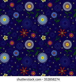 Seamless pattern with colorful flowers and green leaves on blue background.