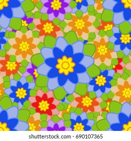 The seamless pattern of colorful flowers with green leaves