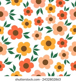 Patrón sin costuras con flores de colores. Patrón floral dibujado a mano para su tela, fondo de verano, papel pintado, fondo, textil. Ilustración de vector