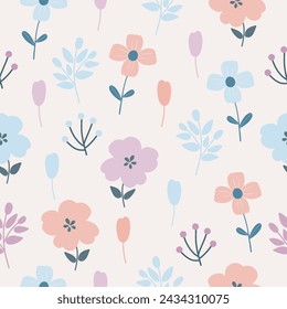 Seamless pattern with colorful flowers. Hand drawn floral pattern for your fabric, summer background, wallpaper, backdrop, textile, gift paper. Vector illustration