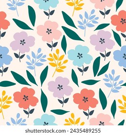 Seamless pattern with colorful flowers. Hand drawn floral pattern for your fabric, summer background, gift paper, wallpaper, backdrop, textile. Vector illustration