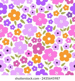 Seamless pattern with colorful flowers. Hand drawn floral pattern for your fabric, summer background, gift paper, wallpaper, backdrop, textile. Vector illustration