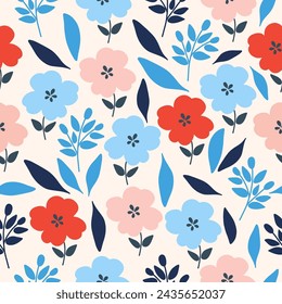 Seamless pattern with colorful flowers. Hand drawn floral pattern for your fabric, summer background, gift paper, wallpaper, backdrop, textile. Vector illustration