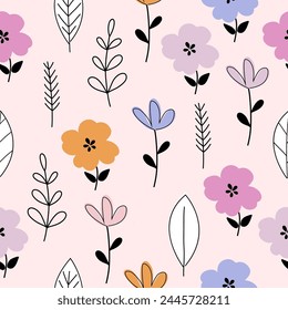 Seamless pattern with colorful flowers. Hand drawn floral pattern for your fabric, summer background, gift paper, wallpaper, backdrop, textile. Vector illustration