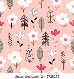 Seamless pattern with colorful flowers. Hand drawn floral pattern for your fabric, summer background, gift paper, wallpaper, backdrop, textile. Vector illustration