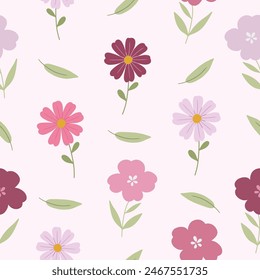 Seamless pattern with colorful flowers. Hand drawn floral pattern for your fabric, summer background, gift paper, wallpaper, backdrop, textile. Vector illustration