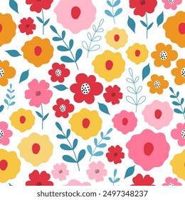 Patrón sin fisuras con flores de colores. Dibujado a mano patrón floral para su tela, fondo de verano, papel de regalo, Fondo de pantalla, telón de fondo, textil. 