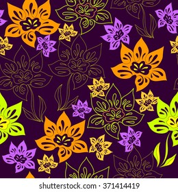 Seamless pattern with colorful flowers. Hand drawn floral background. Artwork for textiles, fabrics, souvenirs, packaging and greeting cards.