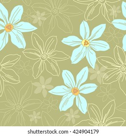 Seamless pattern with colorful flowers. Hand drawn floral texture. Artwork for textiles, fabrics, souvenirs, packaging and greeting cards.