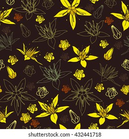 Seamless pattern with colorful flowers. Hand drawn floral texture. Artwork for textiles, fabrics, souvenirs, packaging and greeting cards.