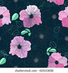 Seamless pattern with colorful flowers. Hand drawn floral texture. Artwork for textiles, fabrics, souvenirs, packaging and greeting cards.