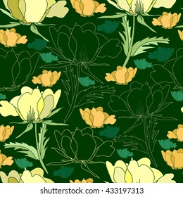Seamless pattern with colorful flowers. Hand drawn floral texture. Artwork for textiles, fabrics, souvenirs, packaging and greeting cards.