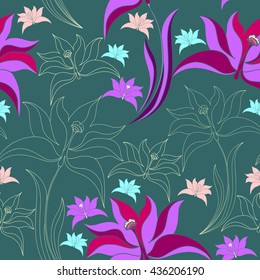 Seamless pattern with colorful flowers. Hand drawn floral texture.