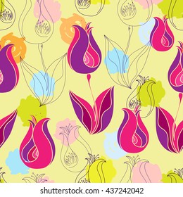 Seamless pattern with colorful flowers. Hand drawn floral texture.
