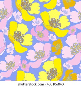 Seamless pattern with colorful flowers. Hand drawn floral texture. 
