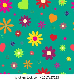 Seamless pattern of colorful flowers and hearts. Vector illustration.