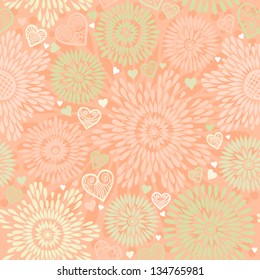 Seamless Pattern with colorful flowers  and hearts