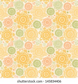 Seamless pattern with colorful flowers and hearts. Bright autumn background. It can be used for wallpaper, pattern fills, web page background, surface textures.