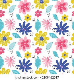 Patrón inmaculado con flores coloridas aisladas en el fondo blanco. Ornamento vectorial lindo para textiles, impresión, diseño