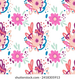 Seamless pattern with colorful flowers isolated on white background.Children style floral doodle background, funny basic nature shapes wallpaper.