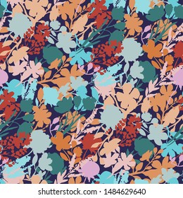 Seamless pattern with colorful flowers and leaves. Peonies, wildflowers, poppies. Abstract floral spring, summer pattern. Bright, juicy background for a wedding, fabrics, packaging.