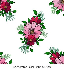 Seamless pattern with colorful flowers and leaves on a white background