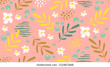Seamless pattern with colorful flowers and leaves on pink background.