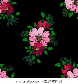 Nahtloses Muster mit bunten Blumen und Blättern auf schwarzem Hintergrund