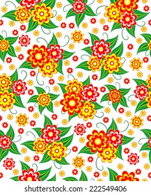 Seamless, pattern  of colorful flowers and leaves on a white  background, vector illustration