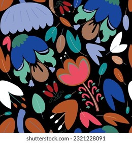Seamless pattern with colorful flowers, leaves,  abstract plants, on black background. Vector illustration.