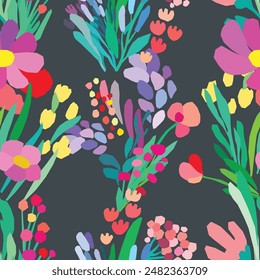 Seamless pattern of colorful flowers and leaves on a dark background. Floral textile print design