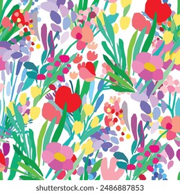 Nahtloses Muster aus bunten Blüten und Blättern auf weißem Hintergrund. Blumentextildruck-Design. Vektorgrafik Wildblumen