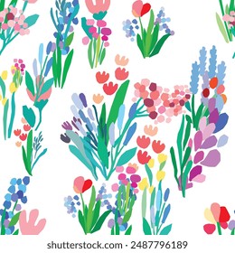 Patrón inconsútil de flores y hojas coloridas sobre un fondo blanco. Diseño de estampado textil floral. Vector de flores silvestres