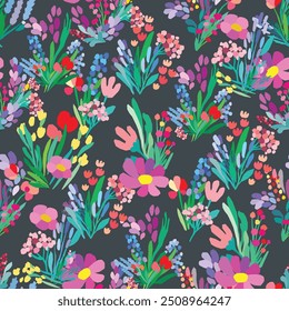 Nahtloses Muster aus bunten Blumen und Blättern auf dunklem Hintergrund. Blumenmuster aus Textilien. Vektorwildblumen