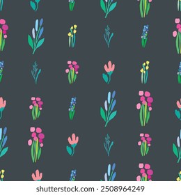 Seamless pattern of colorful flowers and leaves on a dark background. Floral textile print design