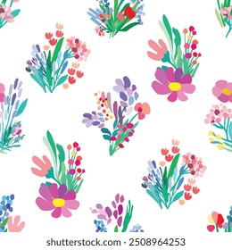 Nahtloses Muster aus bunten Blumen und Blättern auf weißem Hintergrund. Blumenmuster aus Textilien. Vektorwildblumen