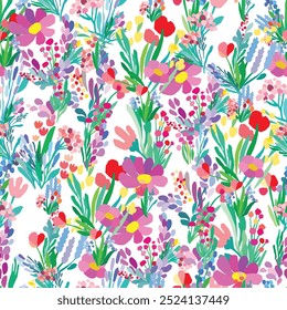 Padrão contínuo de flores coloridas e folhas em um fundo branco. Design de impressão têxtil floral. Flores silvestres vetoriais