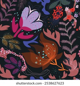 Seamless pattern with colorful flowers and leaves on a dark background. Floral background for fabric, wallpapers, gift wrapping paper, scrapbooking.