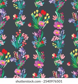 Seamless pattern of colorful flowers and leaves on a dark background. Floral textile print design. Vector wildflowers