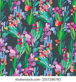 Seamless pattern of colorful flowers and leaves on a dark background. Floral textile print design