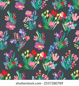 Seamless pattern of colorful flowers and leaves on a dark background. Floral textile print design