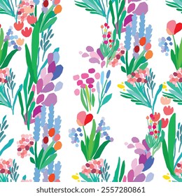 Seamless pattern of colorful flowers and leaves on a white background. Floral textile print design. Vector wildflowers