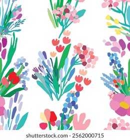 Seamless pattern of colorful flowers and leaves on a white background. Floral textile print design. Vector wildflowers