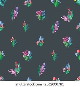 Seamless pattern of colorful flowers and leaves on a dark background. Floral textile print design. Vector wildflowers