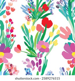 Seamless pattern of colorful flowers and leaves on a white background. Floral textile print. Vector wildflowers