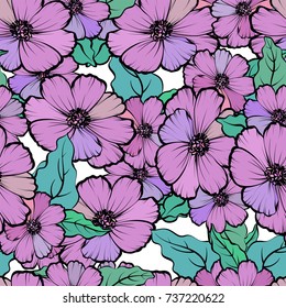 seamless pattern with colorful flowers and leaves, soft and romantic background.