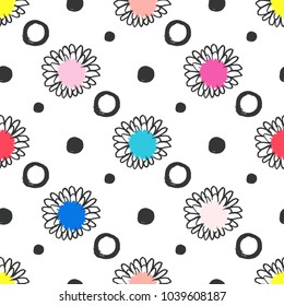 Seamless Pattern with Colorful Flowers on Polka Dot Background . Pop Art Print